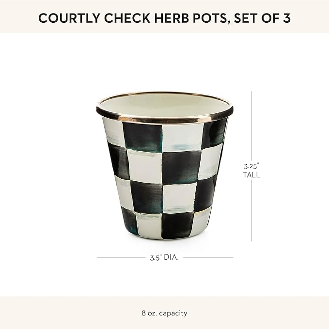 MACKENZIE-CHILDS Enamel Herb Pots, Small Plant Pots for Herbs or Flowers, Set of 3, Black-and-White Courtly Check