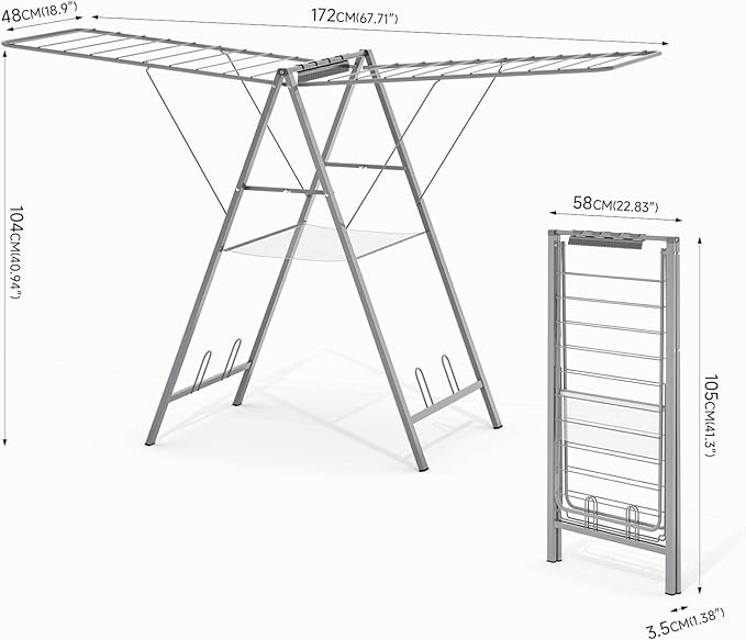APEXCHASER Clothes Drying Rack Foldable, Metal Laundry Drying Rack Collapsible, Portable Compact Clothes Rack for Sweater Baby Clothes Towel Indoor & Outdoor, Height Adjustable Clothes Airer, Grey