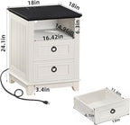 18" Farmhouse Night Stands Set of 2 with Charging Station, 2 Drawers End Table Dresser for Bedroom， Wooden Nightstand, Bed Side Table with Open Shelf, Bedside Cabinet for Living Room（White）