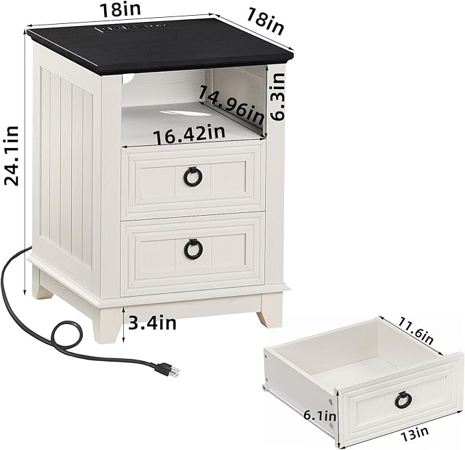 18" Farmhouse Night Stands Set of 2 with Charging Station, 2 Drawers End Table Dresser for Bedroom， Wooden Nightstand, Bed Side Table with Open Shelf, Bedside Cabinet for Living Room（White）