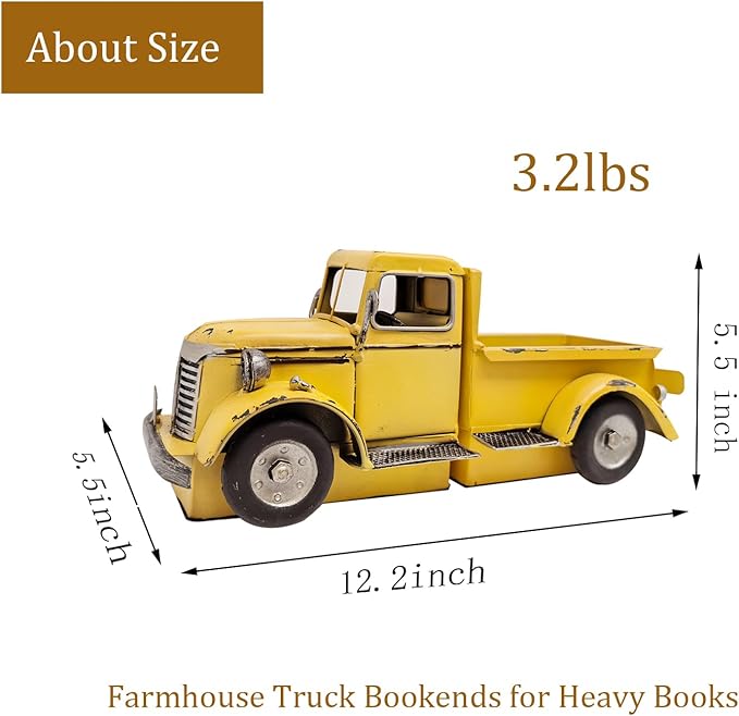 Decorative Book Ends Vintage Bookends: Metal Truck Book Stopper for Kid Books for Grandson Men Teen - Farmhouse Decor for Bookcase Shelf Table Coffee Bar Office Home Yellow