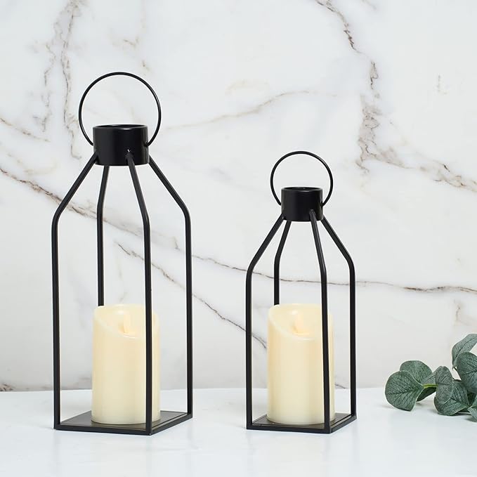 HPC Decor Modern Farmhouse Lanterrn Decor- Black Metal Candle for Summer Night- Lanterns w/Timer Flickering Candles for Living Room,Home,Indoor, Outdoor,Table,Fireplace Mantle Décor