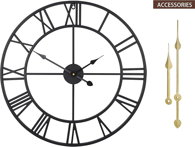LEIKE Large Wall Clock, 24" Completely Silent, Non Ticking, Battery-Operated,Rustic Round Modern Metal Wall Clock Decor for Living Room, Bedroom and Kitchen, (60cm, Black-Roman Number)
