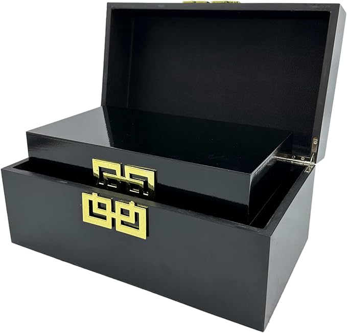 Galt International Storage Box Set Decorative Storage Box w/Hinged Lid Classic Design Wood Decor Boxes with Geometric Clasp Storage for Bedroom & Home - Set of 2 (Black & Gold)