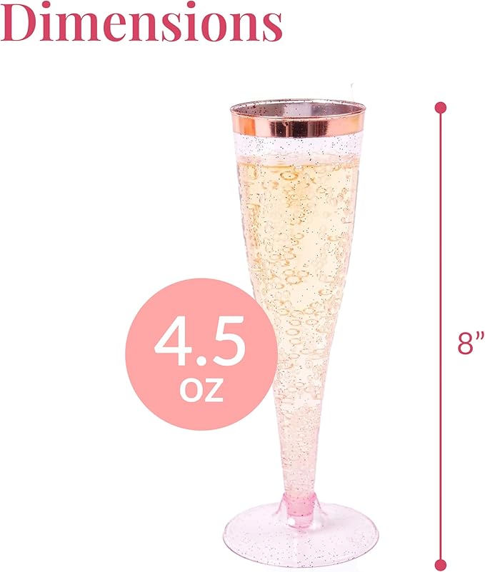 Prestee Set of 24 Plastic Champagne Flutes Disposable - Silver Glitter Pink Champagne Glasses with Rose Gold Rim, Elegant Toasting Cups for Weddings, Cocktail Parties, New Year's Celebrations