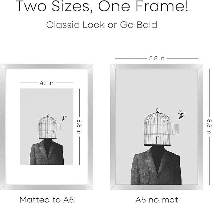 Homeforia A5 Picture Frame Silver, High End Metal 5.8 x 8.3 Frame Matted to 4.1 x 5.8 Art, A5 Frame with Mat A6, 5.8x8.3 Poster Frames, 8.3x5.8 Size Display Frames, Tempered Glass, Wall Kit, Set of 1