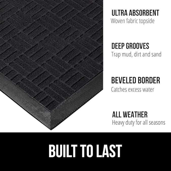 GORILLA GRIP 100% Waterproof All-Season WeatherMax Doormat, 47x35, US Designed Natural Rubber, Stain and Fade Resistant, Low Profile Indoor Outdoor Door Mats, Easy Clean Patio Mat, Midnight Maze