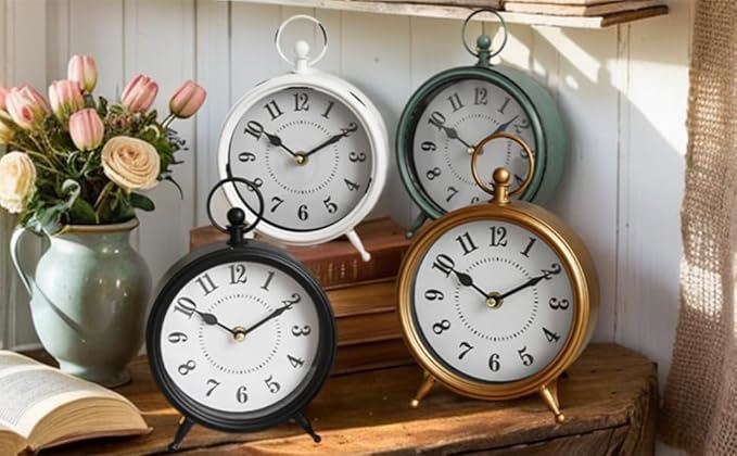 Small white table clock Vintage Rustic White Table Clock on Stand, Decorative Desk and Shelf Clock Farmhouse Mantel Clock Rustic Non-Ticking Clock