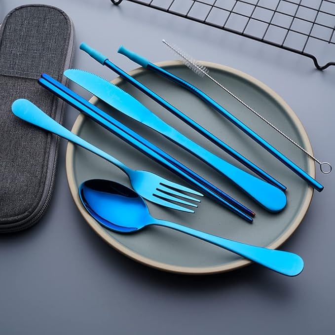 Travel Utensils Set with Case Reusable Portable Cutlery Set Stainless Steel 8pcs Including Dinner Knife Fork Spoon Chopsticks straws(Blue)