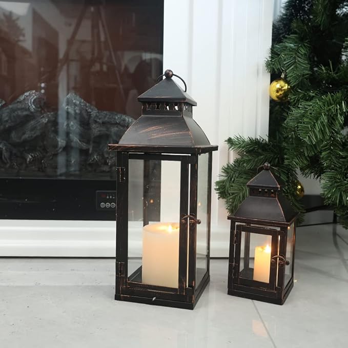 NEEDOMO Lanterns Decorative Outdoor&Indoor, Set of 2 Large Bronze Metal Lantern Decor with Glass, Candle Holder for Porch, Patio, Garden, Balcony, Wedding, Table Centerpiece Decorations