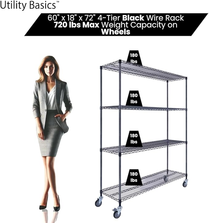 60"x18"x72" Black Premium Metal Steel Wire Shelving 4-Tier NSF 3200 LBS MAX Capacity Heavy Duty Storage Rack for Garages, Commercial Spaces, Hospitals, & Schools w/Premium Wheels