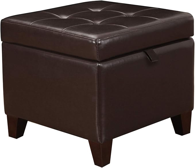 Adeco 15.2" Modern Brown Faux Leather Storage Ottoman with Tufted Flip Top for Living Room, Tufted Accents Rectangular Bench for Foot Rest