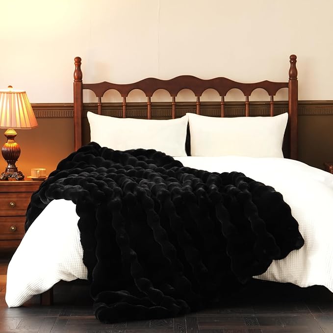 BENVWE Faux Fur Throw Blanket for Couch - Thickened Fluffy Soft Bubble Blanket for Living Room Home Decor - Fathers Day Birthday Gifts for Women Men, Black, 50" x 60",1300GSM