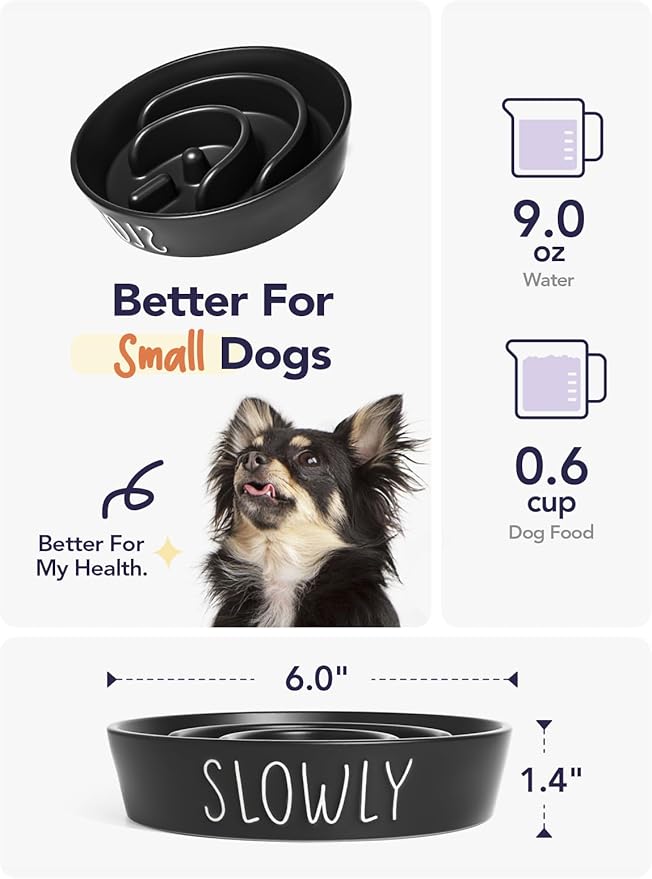 Ceramic Slow Feeder Dog Bowls Small Breed, 0.6 Cups Dog Food Dish for Fast Eaters, Puzzle Bowl for Small Dogs and Cats,Black