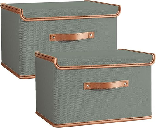 Tuza 2 Pack Storage Bins with Lids, Collapsible Closet Organizer Container, Fabric Organizer Box with Handles, Decorative Storage Boxes with Lids for Organizing Clothes, Blanket, Grey, Extra Large