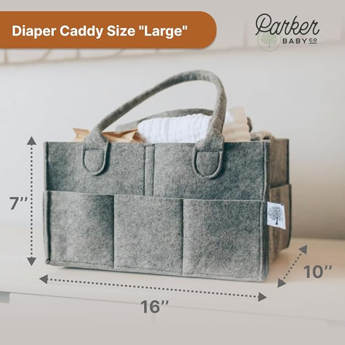 Parker Baby Co. Diaper Caddy - Nursery Storage Bin and Car Organizer for Diapers and Baby Wipes - Gray, Large