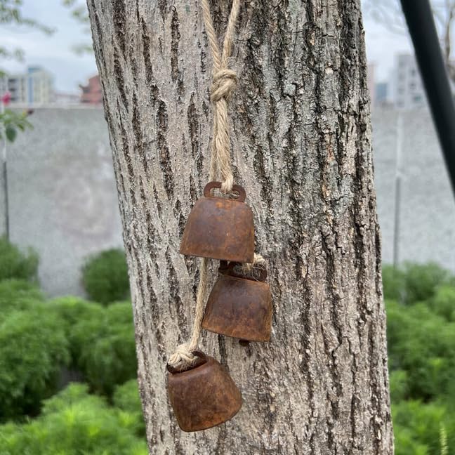 2pc Rustic Charm Bell - Handmade Hemp Rope Wind Chimes Hanging Decoration, Distressed Finish Cow Bell with Jute Hanging Rope, Perfect for Front Door, Outdoor, Window, and Home Decor,