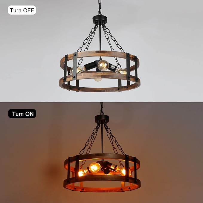 Farmhouse Rustic Wood Chandelier, 4-Light Industrial Drum Chandelier for Dining Room Vintage Pendant Hanging Light Fixture with Black Metal Accent for Kitchen Living Room Dining Area