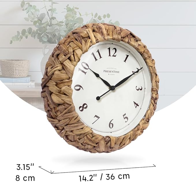 Presentime & Co. Farmhouse Series, Rustic Woven Clock, 14 inch, Natural Woven Water Hyacinth/Sea Grass. Wall Sculpture, Wall Art and Timepiece for Home Decoration/Decoration/Farmhouse Décor