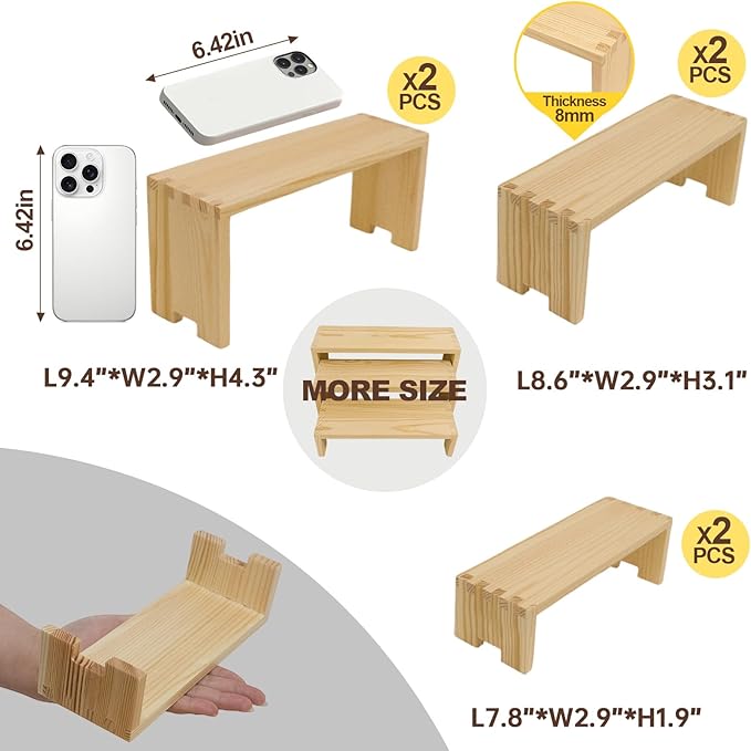 Display Wood Risers Wooden Stand 3 Tier Wood Racks Decorative Rectangular, 2 Set 6 Piece Cupcake Stands Cologne Perfume Organizer Dessert Showcase(Nature)