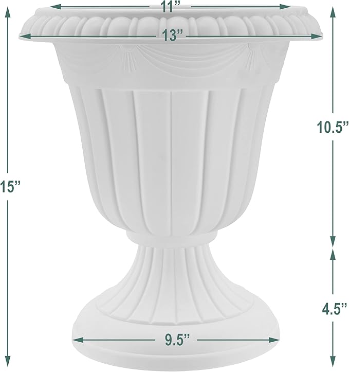 PL10WW Classic Traditional Plastic Urn Planter, 15" x 13", Whitewash