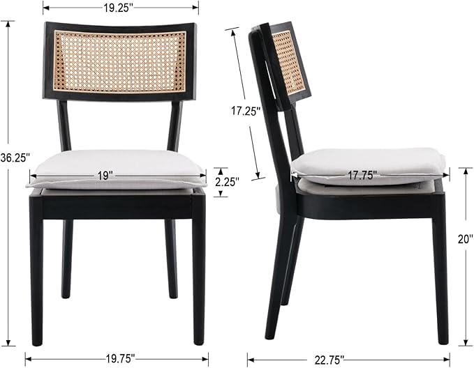 Rattan Dining Chairs Set Of 4 , Mid Century Modern Black Wooden Cane Back Chairs with Removable Linen Cushion , Retro Farmhouse Upholstered Kitchen & Dining Room Chairs for Restaurant Living Room