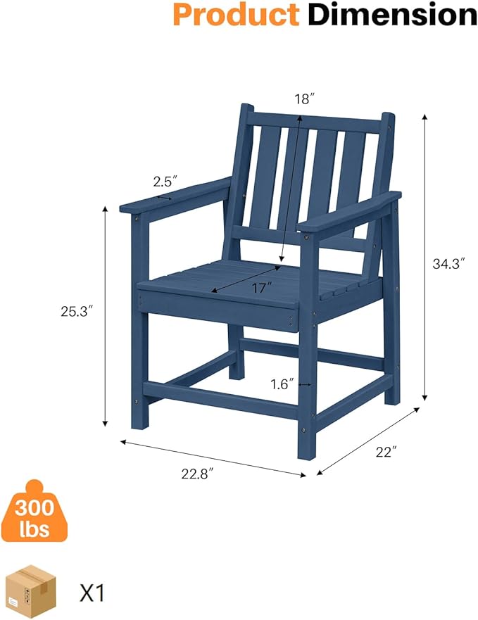 Patio Dining Chair Set of 2, HDPE Outdoor Dining Chair, Ergonomic HDPE Dining Chairs with Deep Seating, All Weather Outdoor Chairs Furniture for Backyard, Deck, Garden, Poolside, Navy
