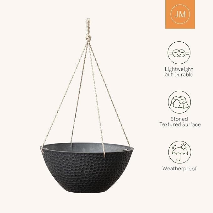 LA JOLIE MUSE Hanging Planters for Outdoor Plants, Large Hanging Planter with Drain Holes, Outdoor Hanging Flower Pots, Matte Black, Honeycomb (13.2 Inch, Set of 2)