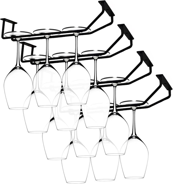 10.8 Inch Black Wine Glass Rack, Under Cabinet Wine Glass Holder Stainless Steel Stemware Rack - Hanging Stemware Holder for Cabinet Kitchen Bar, Set of 4
