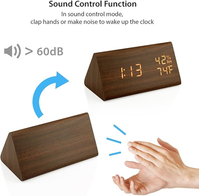 OCT17 Wooden Alarm Clock, Smart LED Digital Clock for Bedroom/desks, Upgraded with Time Temperature, Adjustable Brightness and Voice Control, Humidity Displaying - Brown