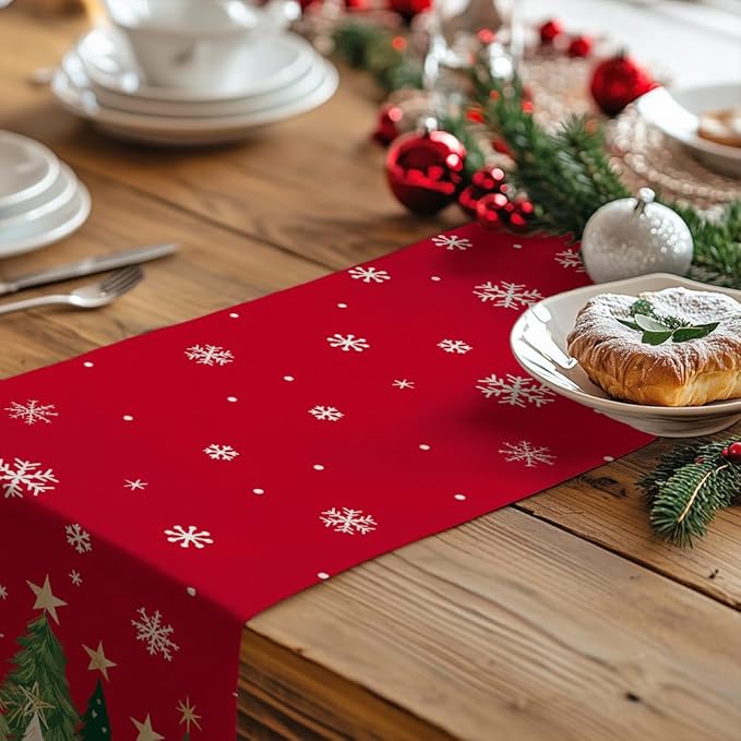 GEEORY Christmas Table Runner 13x120 Inch, Xmas Trees Snowflakes Holiday Decorative Farmhouse Table Decoration for Kitchen Dinning, Indoor Outdoor Dinner Party Decor (Red) GT150-120