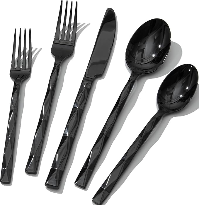 KINGSTONE Black Silverware Set, Luxury 40 Piece Flatware Set for, 18/10 Stainless Steel Cutlery Set with Diamond Cut Pattern for Kitchen, Home, Wedding, Party, Mirror Polished and Dishwasher Safe