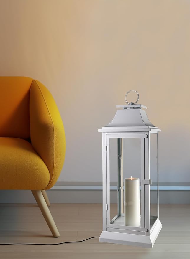 Serene Spaces Living White Hurricane Lanterns with Clear Glass Panels, Perfect for Home Decor, Parties & Events, Table Top Or Hanging Lantern for Indoor & Outdoor, Measure 25" Tall and 9.75" Diameter