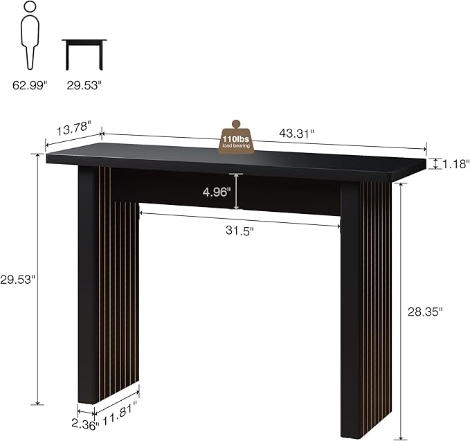 AVZEAR Mid Century Narrow Entryway Console Table, 43.3" Fluted Wood Couch Table Behind Sofa Long and Skinny for Living Room Hallway Entrance Foyer, Black