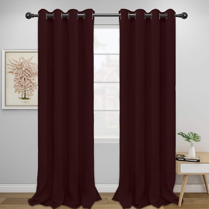 Easy-Going Blackout Curtains for Bedroom, Solid Thermal Insulated Grommet and Noise Reduction Window Drapes, Room Darkening Curtains for Living Room, 2 Panels (52x96 in,Wine)