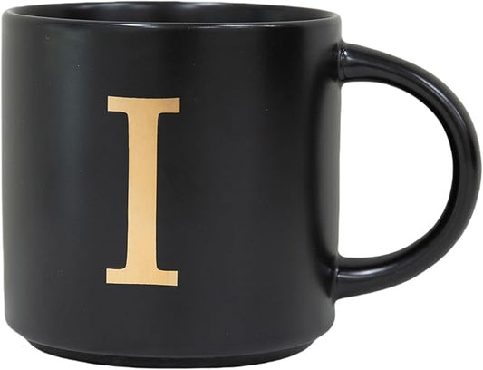 COLLECTIVE HOME - Monogram Ceramic Mugs, 15 oz Golden Initial Black Coffee Cups, Elegant Alphabet Tea Mugs, Elegant Personalized Mug with Gift Box, Unique Mug with Double Side Capital Lette (I)