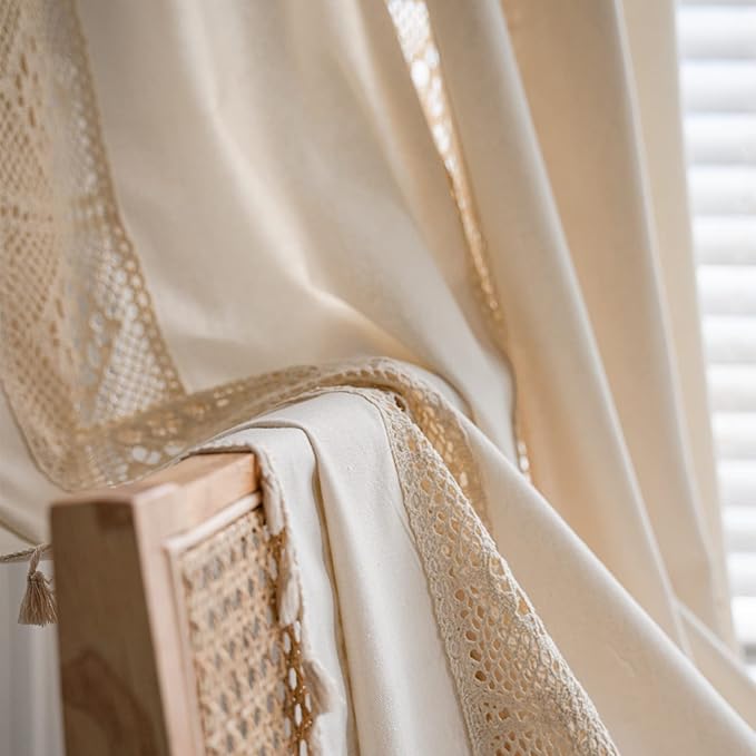 Sutuo Home Boho Curtain Crochet Lace Patchwork Semi-Blackout Bohemian Handmade Tassels, Rod Pocket Window Treatment Vintage Rustic Farmhouse Drapes for Bedroom, 1 Panel 59" W x 96" L, Beige