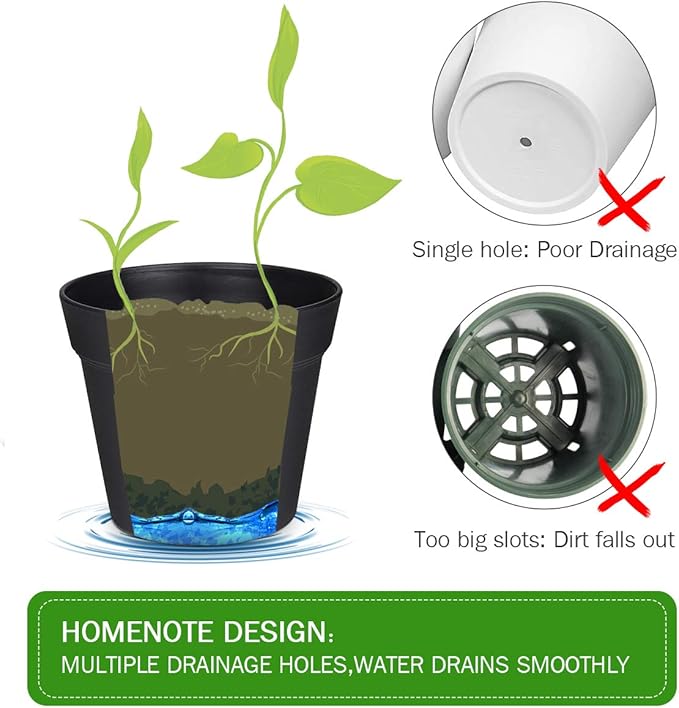 homenote Pots for Plants, 8 Pcs 7.5 Inch Plastic Planters with Multiple Drainage Holes and Tray - Plant Pots for All Home Garden Flowers Succulents, Matte Black