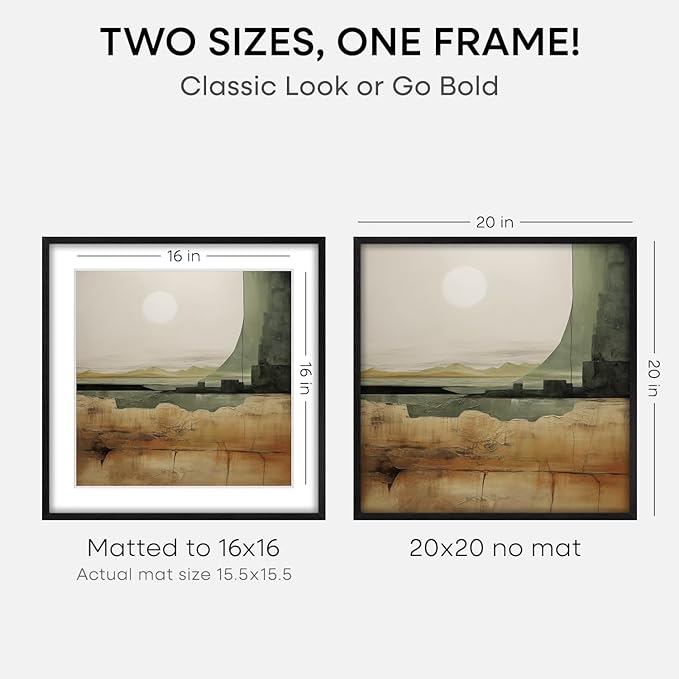 Homeforia 20x20 Black Wood Frame, High End Oak 20 x 20 Square Picture Frames with Mat 16 by 16 inches Photo, 20by20 Black Wooden Poster Frames Matted to 16x16 Print, Tempered Glass, Wall Kit, Set of 1