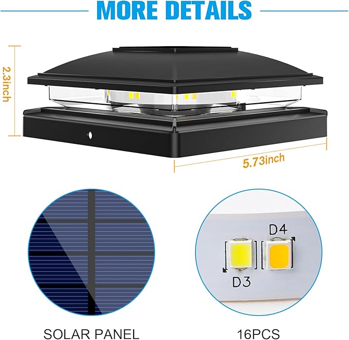 VOLISUN Solar Post Cap Light Outdoor Waterproof 4pack,Solar Fence - Post Lights for 4x4 5x5 6x6 Wooden/Vinyl Post,Black Deck Post Cap Light Solar Powered with Warm White for Garden/Patio/Porch