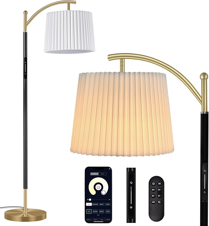 Floor Lamp, LED Floor Lamp with APP & Remote & Touch Control, Stepless Color Temperatures and Brightness, Tall Standing Lamp with Pleated Lampshade for Living Room, Bedroom, Office(Black Gold)
