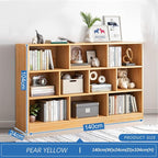 IOTXY Open Shelf Low Bookcase - Wooden 3-Tier Floor Standing Display Cabinet Organizer with Base, 10 Cubes Short Horizontal Bookshelf in Pear Yellow
