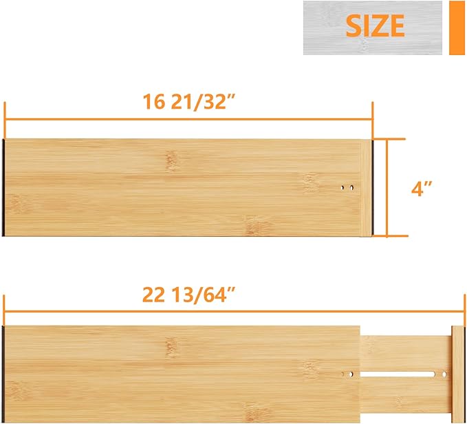BAMEOS 4" High Drawer Dividers Bamboo Separators Organization Expandable Organizers for Kitchen Bedroom Bathroom Dresser Office 4-pack