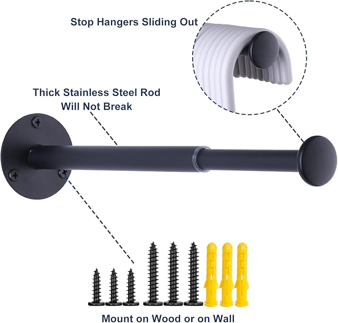 2 Pack Retractable Hanger Holder for Laundry Room, Wall Mount Organizer Rack for Lightweight Clothes, Space Saving Laundry Hook Rod, Keep Empty Hangers Handy, Black