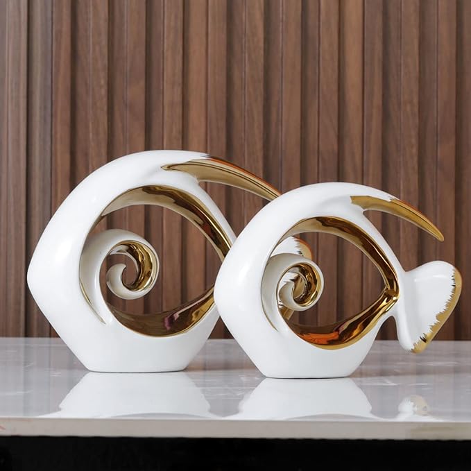 White Gold Ceramic Fish Figurines - Coastal Home Decor, Modern Ocean Centerpieces for Living Room, Dining Area, Bathroom, Office, Coffee Table, Beach House, Nautical, Seaside, Entrance, Shelf Display