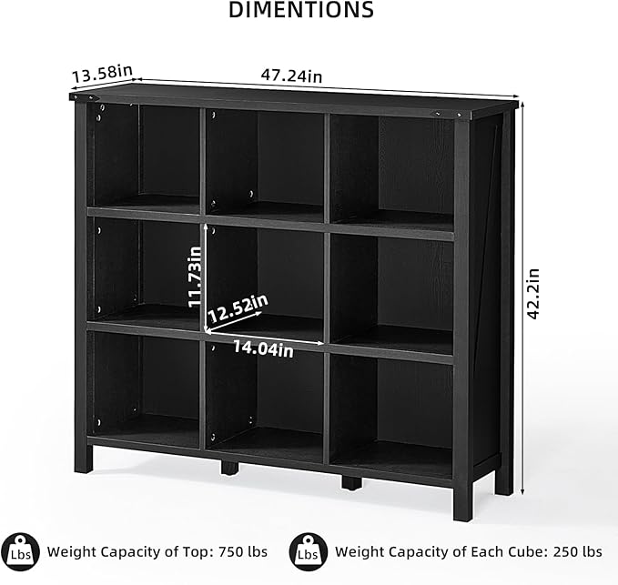 9 Cube Bookcase, Farmhouse 47 Inch Wide Black Bookshelf, Wooden 3 Tier Display Large Open Book Shelf, Vintage Horizontal Book Case for Home Office, Cubby Storage Cabinet for Living Room