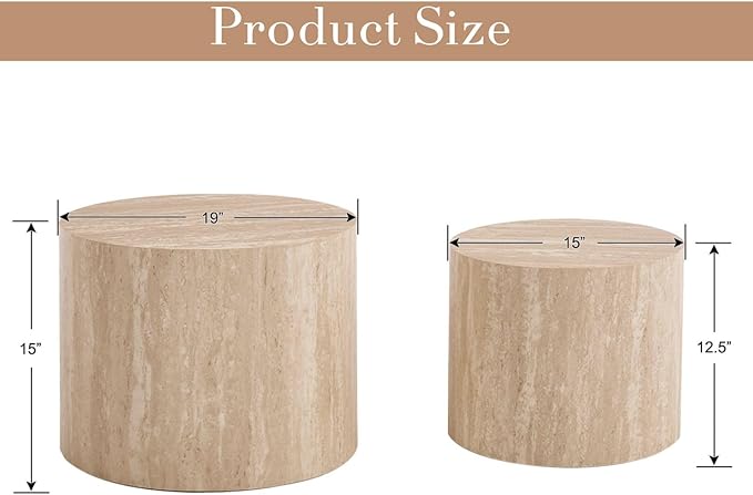 CIMOTA Round Wood Nesting Coffee Table Set of 2, Modern Circle Travertine End Side Table Sets for Living Room, Light Wooden Color/No Assembling