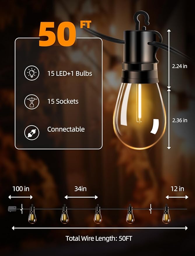 Outdoor Patio String Lights: S14 Shatterproof Bulb Outside Waterproof Light - 50Ft 15M Remote Dimmable Connectable Hanging Outdoor Electric Lighting - Garden Backyard Yard Gazebo Porch Party