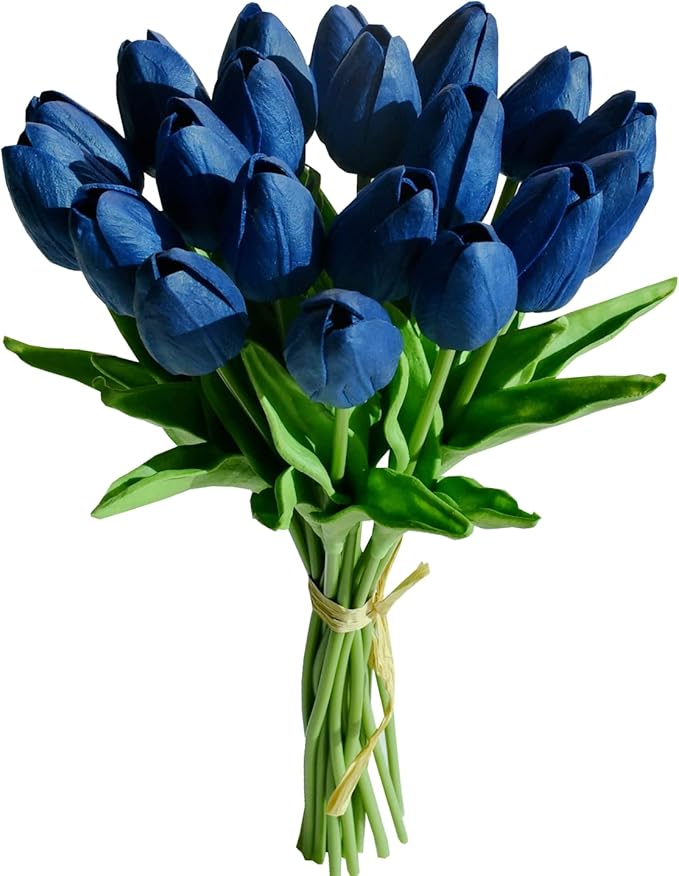 Mandy's Artificial Tulips 20 Stems Navy Blue PU Faux Flowers for Wedding Home Decor 13.5 Inch