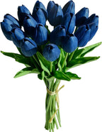 Mandy's Artificial Tulips 20 Stems Navy Blue PU Faux Flowers for Wedding Home Decor 13.5 Inch